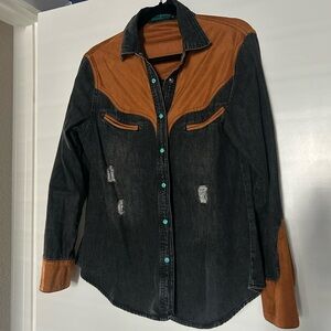 Women's Black and Brown Denim Longsleeve with Turquoise Pearl Snaps.